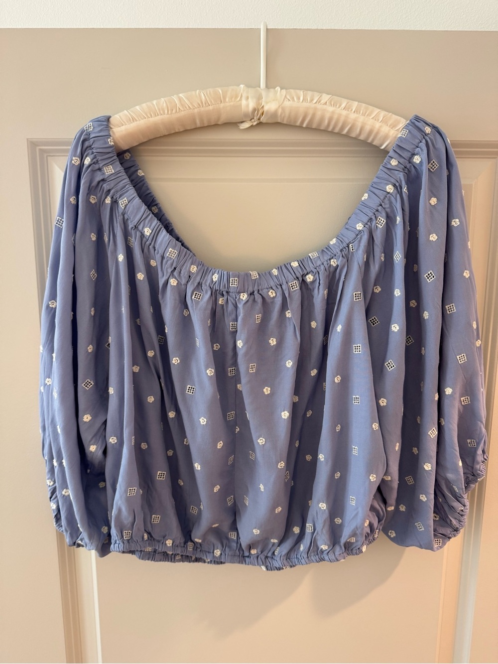 Boho Peasant Blouse Medium Blue Embroidered Off Shoulder Cottagecore Peasant - Picture 3 of 10